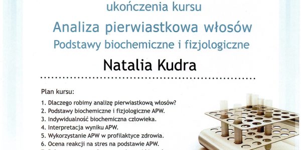 Natalia Kudra - Dyplom ukończenia kursu Analiza pierwiastkowa włosów